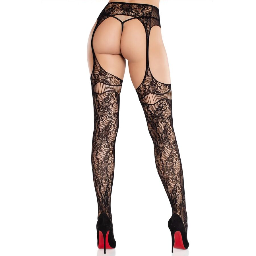 LEG AVENUE - LACE STOCKINGS WITH GARTERS BLACK