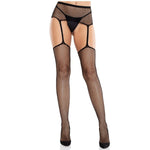 LEG AVENUE - LACE STOCKINGS WITH CROSS AND GARTER BELT BLACK