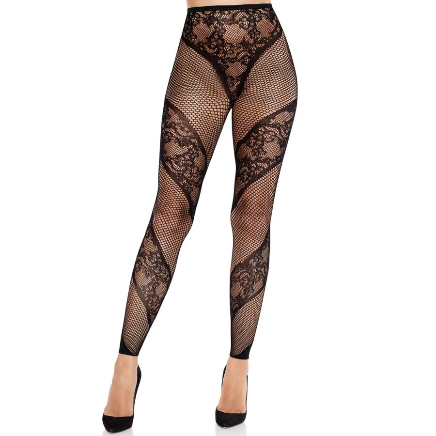 LEG AVENUE - LACE AND SHEER FOOTLESS TIGHTS BLACK