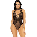 LEG AVENUE - NET AND LACE KEYHOLE HALTER BODYSUIT ONE SIZE