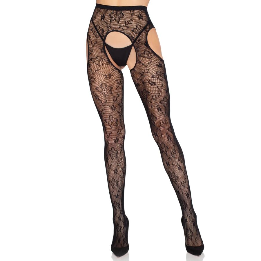 LEG AVENUE - 1967 BLOOM NET SUSPENDER TIGHTS BLACK - ONE SIZE