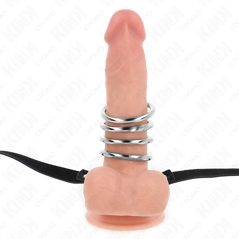 KINK - 5 PENIS RINGS 3.8 CM TO 5 CM METAL WITH LEATHER BELT 112 CM