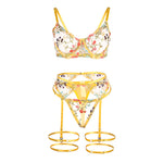 SUBBLIME - 954345 BRA + THONG + GARTER BELT FLORAL DESIGN YELLOW S/M