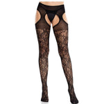 LEG AVENUE - FLORAL LACE STOCKINGS WITH GARTERS UNITED BLACK