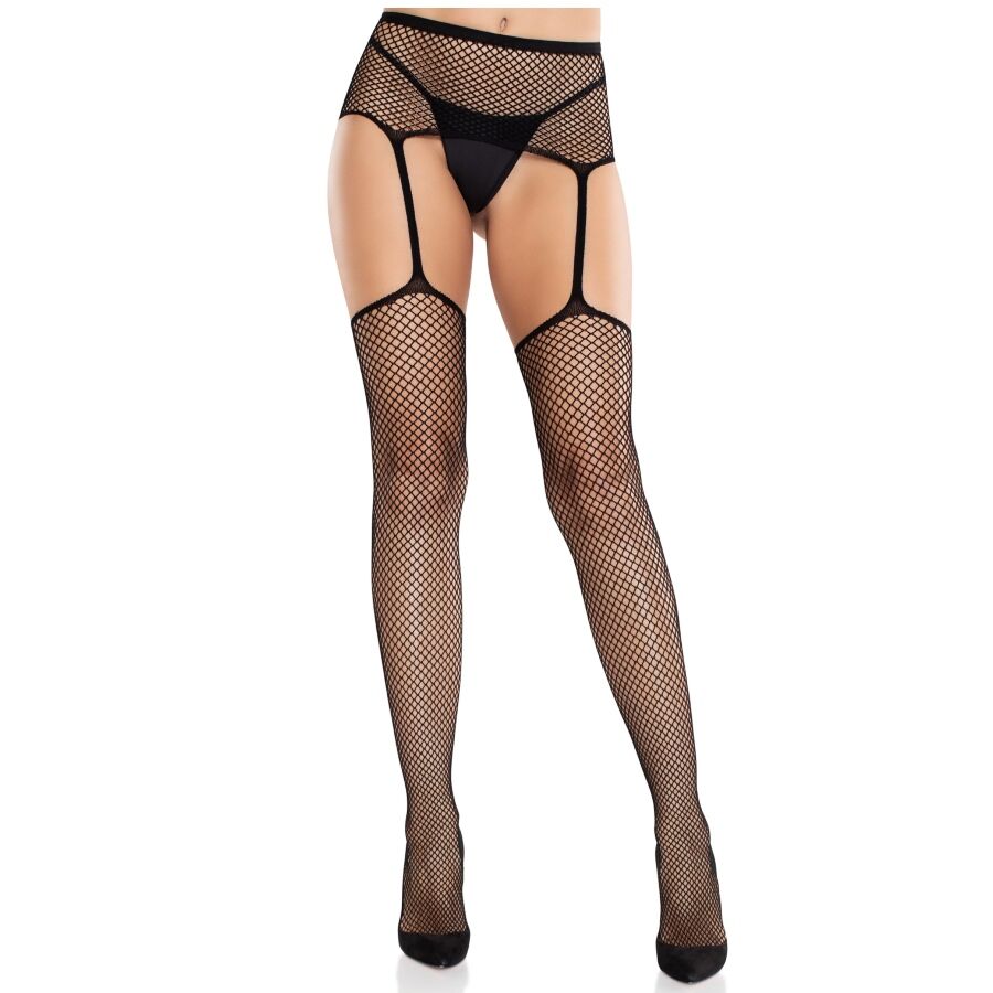 LEG AVENUE - LACE STOCKINGS WITH CROSS AND GARTER BELT BLACK