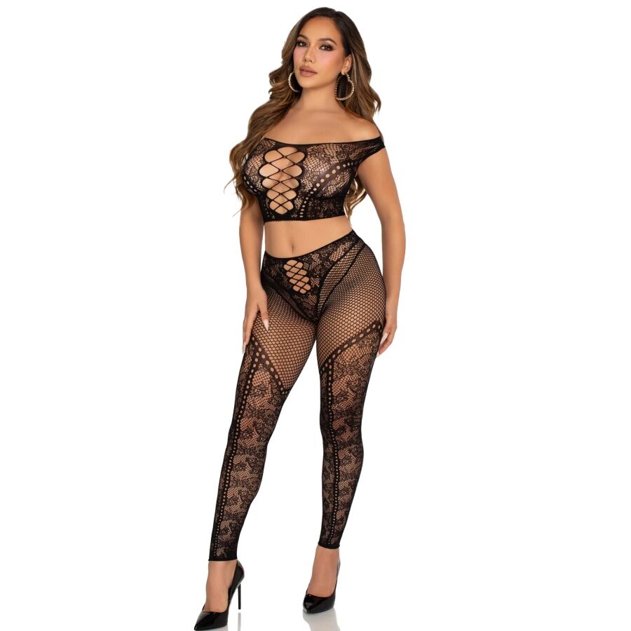 LEG AVENUE - CROP TOP AND FISHNET LEGGING WITH BARE SHOULDERS BLACK