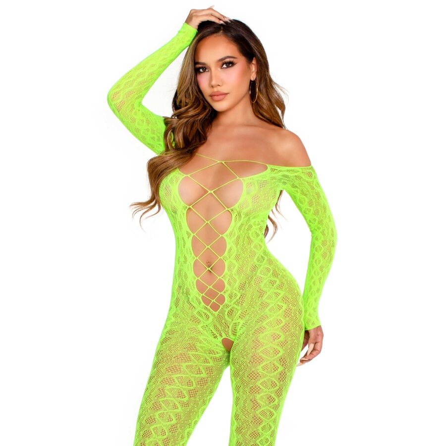LEG AVENUE - CROTCHLESS BODYSTOCKING EXOTIC SNAKE LACE NEON GREEN