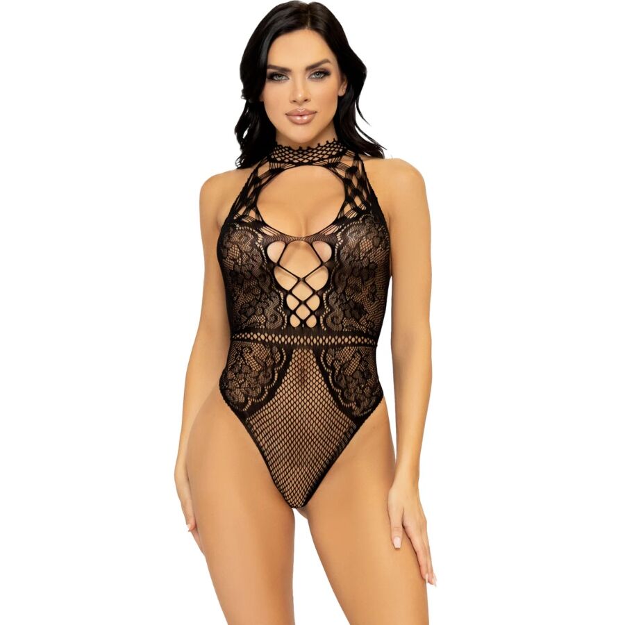 LEG AVENUE - NET AND LACE KEYHOLE HALTER BODYSUIT ONE SIZE
