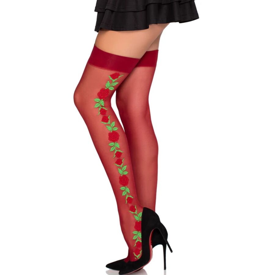 LEG AVENUE - 1957 GARTER BELT STOCKINGS WITH RED FLOWERS - ONE SIZE