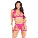 LEG AVENUE - 86148 LACE BRA TOP AND PANTY WITH GARTERS PINK - ONE SIZE