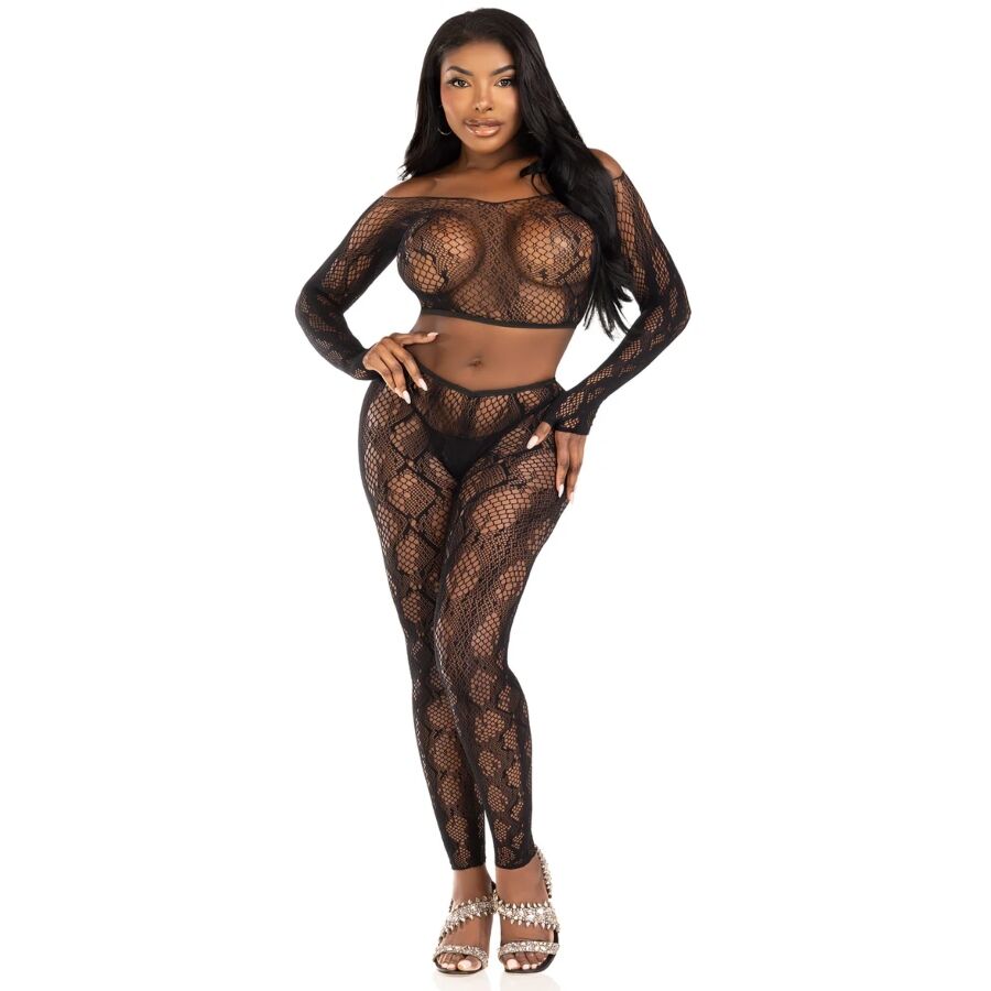LEG AVENUE - 89373 PYTHON CROP TOP & FOOTLESS TIGHTS BLACK - ONE SIZE